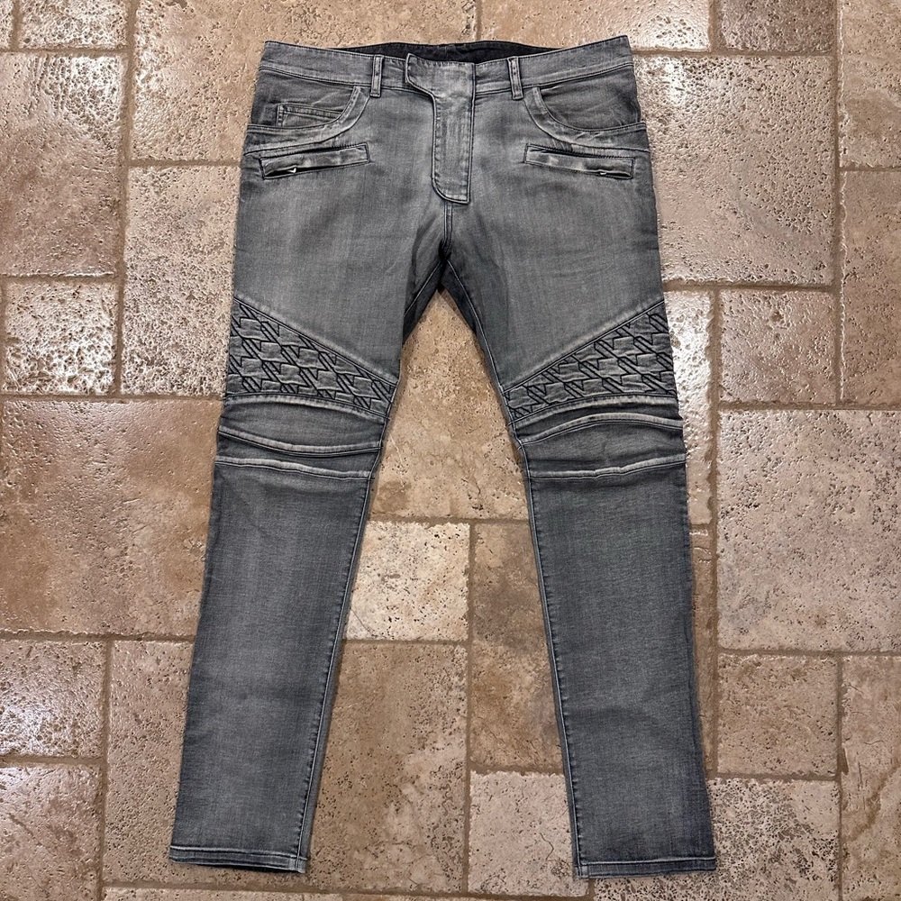 Balmain OG Grey Wash Houndstooth / Stars Biker Denim Jeans